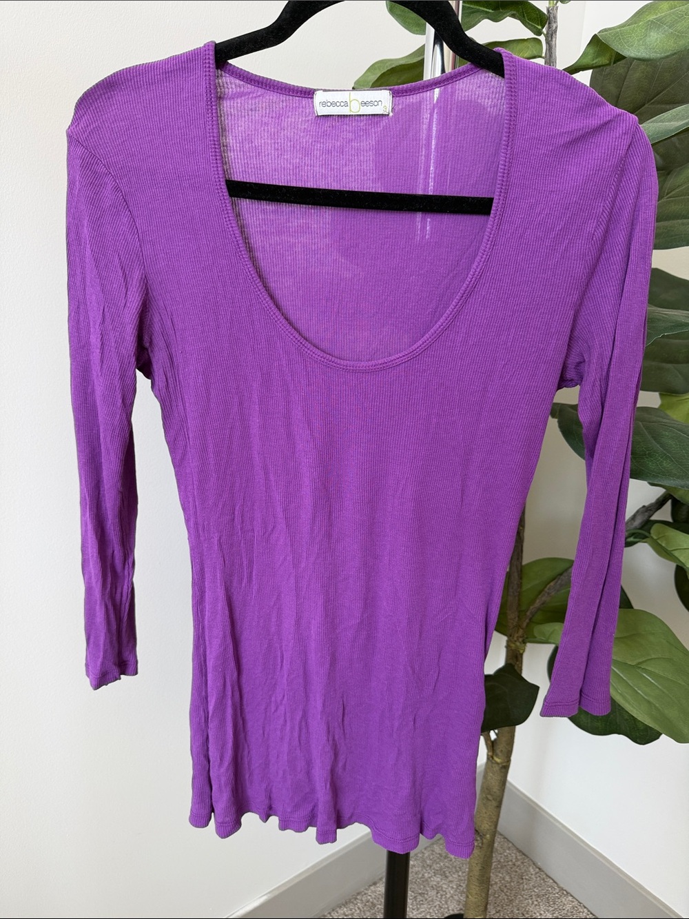 Rebecca Beeson Vibrant Purple Ribbed Scoop-Neck Long Sleeve Top
